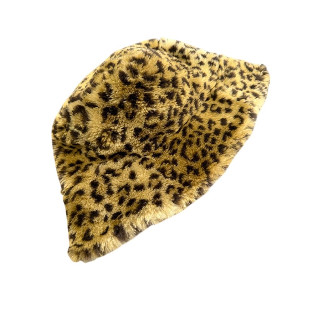 Bucket Hat Womens Leopard Print Faux Fur Hat Brown Tan